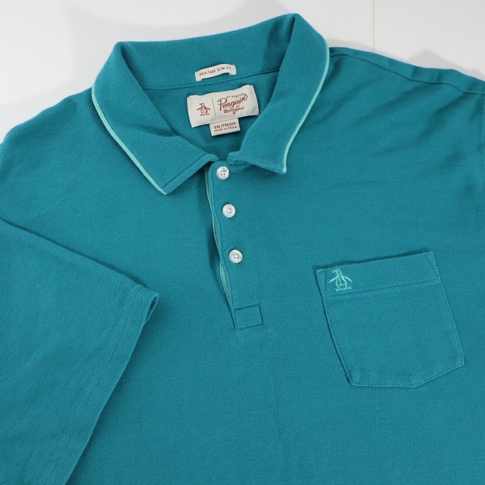 Original Penguin Mens Heritage Slim Fit Polo Shirt XXL Teal Green Pique Cotton